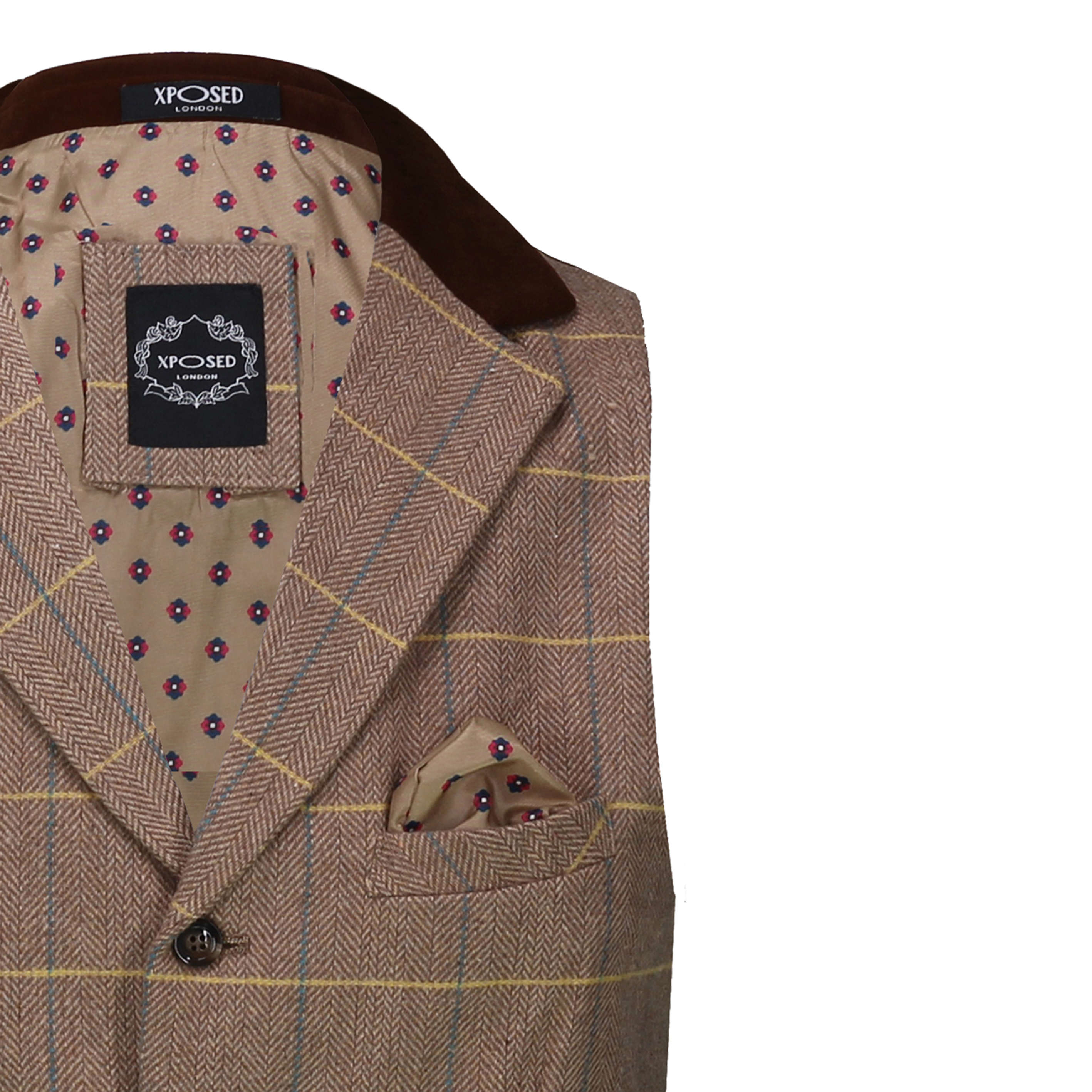 Mens Vintage Tweed Check Herringbone Oak Brown Grey Tailored Fit Retro ...